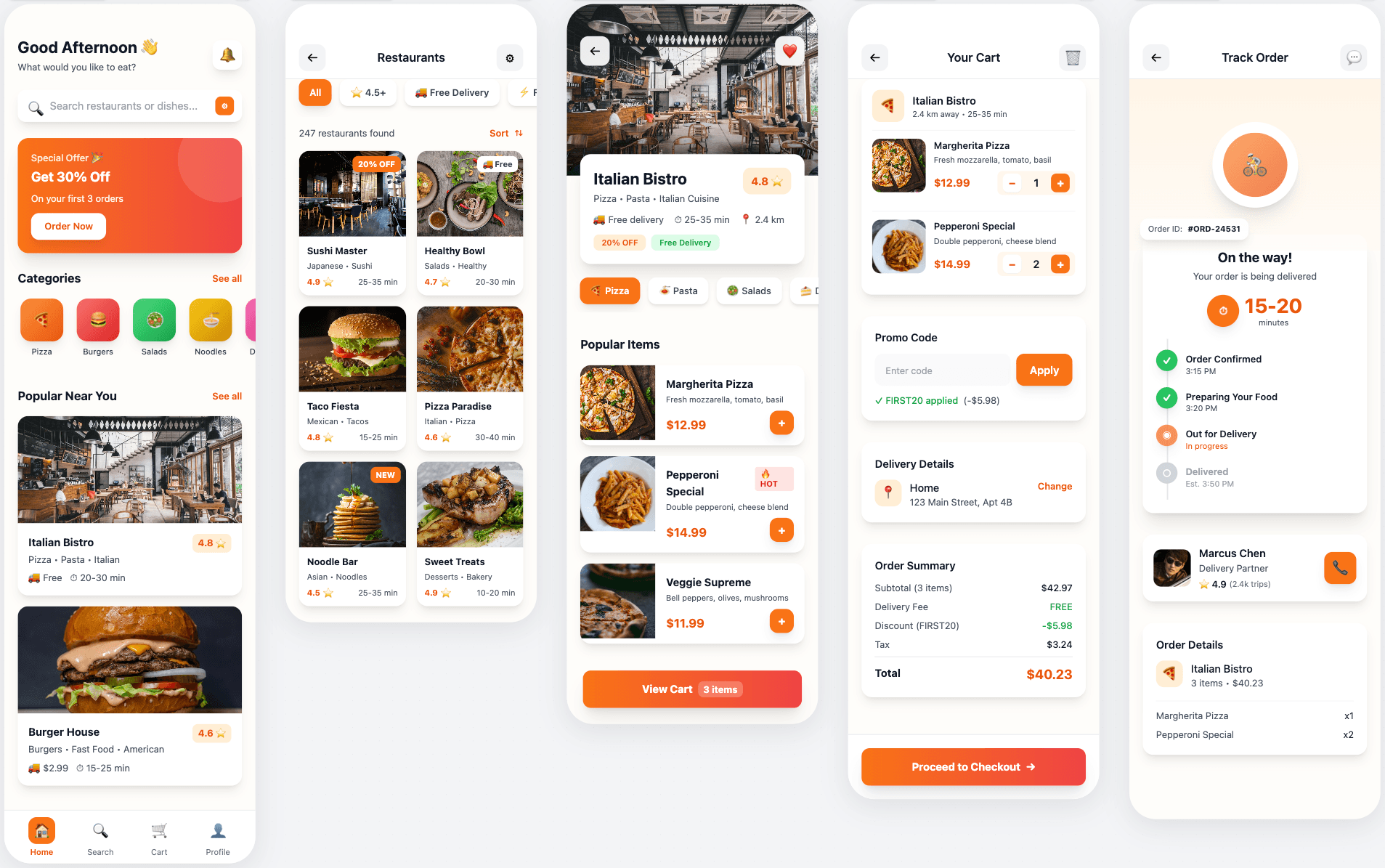 Food delivery app mockup showing restaurant listings, menu items, and order tracking interface