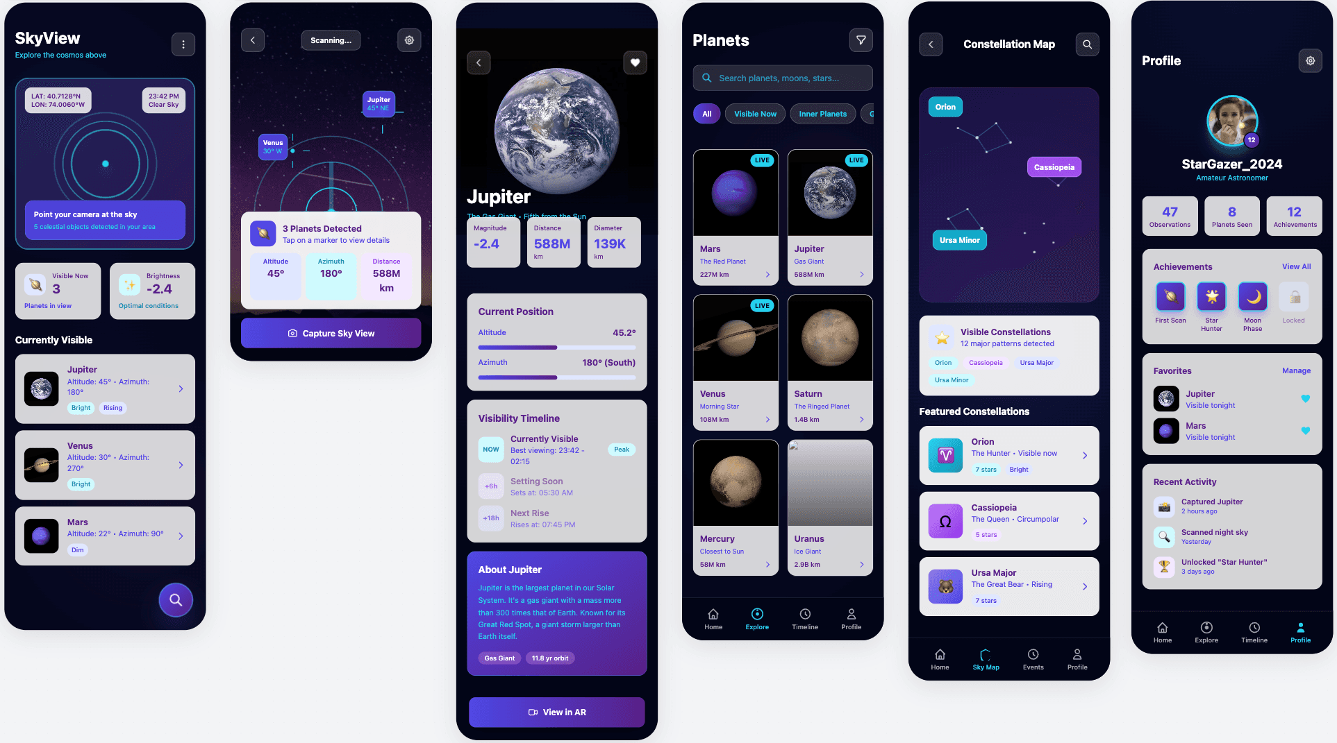 Sky scanning planet app mockup displaying planet search